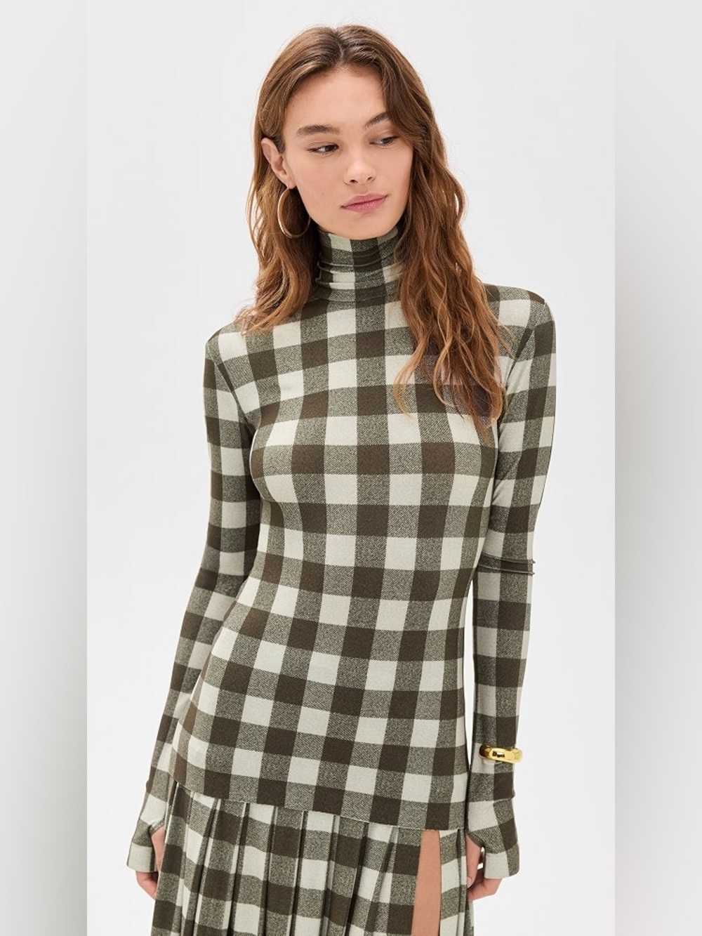 Norma Kamali NWT Turtleneck Check Knit Dress in Olive and Cream